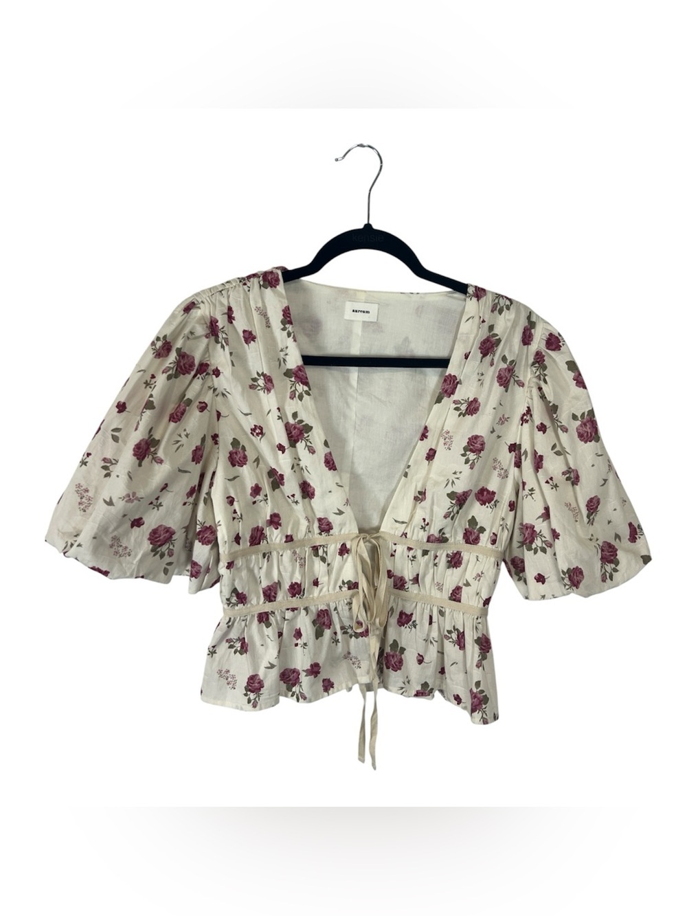 Aureum cream floral puff sleeve cotton tierd white blue front top small